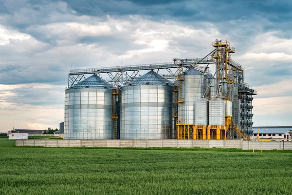 Fábrica de agroprocessamento para processamento e silos para secagem limpeza e armazenamento de produtos agrícolas, farinha, cereais e grãos com belas nuvens — Fotografia de Stock