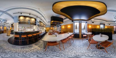 Minsk, Beyaz Rusya - Mart, 2019: Tam küresel dikişsiz hdri panorama 360 derece açı görünümü equirectangular projeksiyon taze balık ile dükkan restoran iç içinde, Vr Ar içerik
