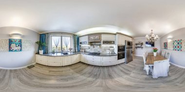 Minsk, Beyaz Rusya - Aralık 2018: equirectangular projeksiyon, Vr içerik modern düz dairelerde iç konuk odası ve mutfakta tam sorunsuz küresel hdri panorama 360 derece açı görünümü