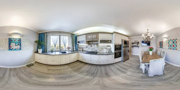 Minsk, Beyaz Rusya - Aralık 2018: equirectangular projeksiyon, Vr içerik modern düz dairelerde iç konuk odası ve mutfakta tam sorunsuz küresel hdri panorama 360 derece açı görünümü