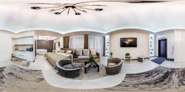 Minsk, Beyaz Rusya - Mayıs, 2018: equirectangular projeksiyon, Vr Ar içerik otelde mutfak ve banyo ile ana yatak odası iç içinde küresel dikişsiz hdri panorama 360 derece açı görünümü