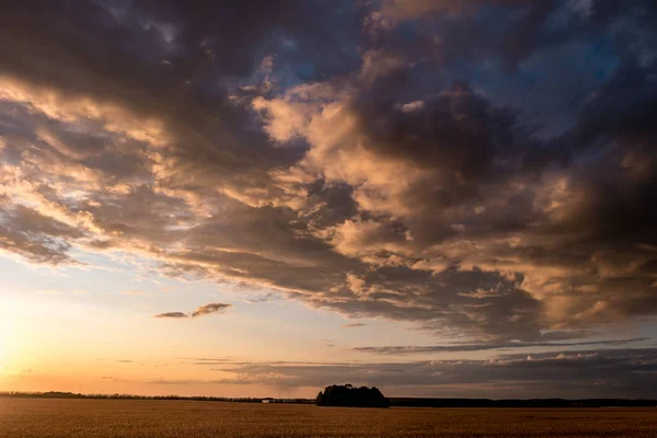 Blue red sky background with evening fluffy curly rolling clouds with setting sun. Good windy weather