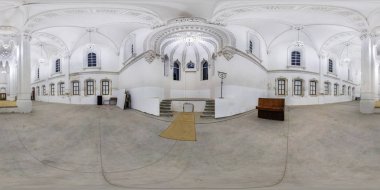 GRODNO, BELARUS -  JULY 2019: full seamless spherical hdri panorama 360 degrees angle view inside of interior of large choral Jewish synagogue in equirectangular projection. VR  AR content clipart