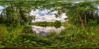 Pürüzsüz küresel hdri panorama 360 derecelik açıyla nehir veya göl kenarındaki orman çalıları arasında yürüme yolu eşdörtgen projeksiyonlu, hazır VR AR sanal gerçeklik içeriği