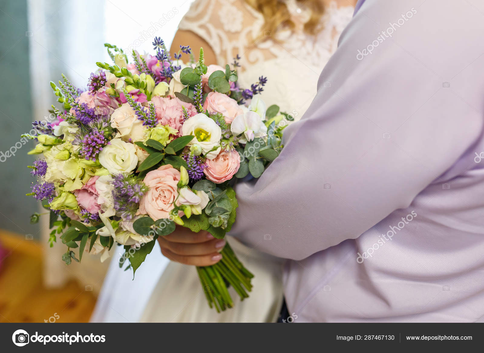 Bright Wedding Bouquet Of Summer White Pink Roses And Orchid With Violet Wildflowers Stock Photo Image By C Hiv360 287467130