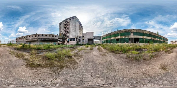 Full seamless spherical hdri panorama 360 degrees angle view near abandoned ruined factory in equirectangular projection, VR AR virtual reality content. Building of agricultural elevator — Stock Photo, Image