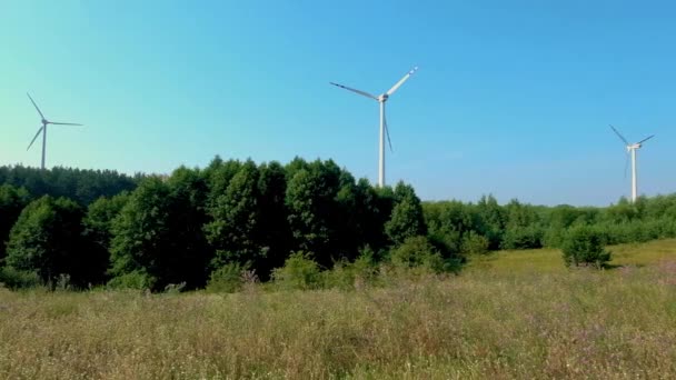 青い空を背景に風車のプロペラの回転翼 風力発電 純粋な緑のエネルギー — ストック動画