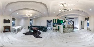 Grodno, Beyaz Rusya - Ağustos, 2019: Tam küresel dikişsiz hdri panorama 360 derece açı görünümü equirectangular projeksiyon içinde homestead daire konuk odası iç, Vr içerik