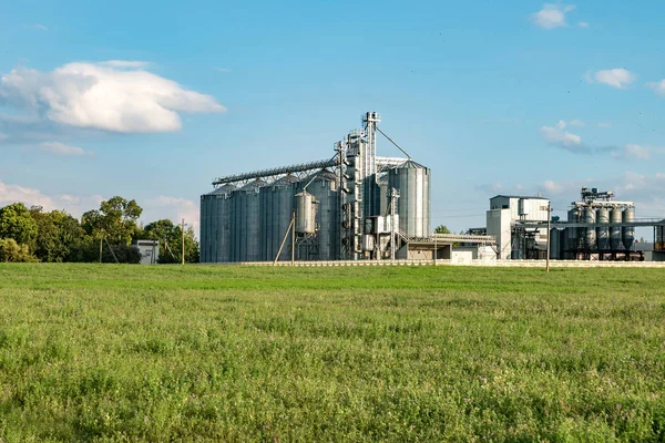 Silos de plata en la planta de fabricación agrícola para el procesamiento de secado limpieza y almacenamiento de productos agrícolas, harina, cereales y granos con hermosas nubes — Foto de Stock