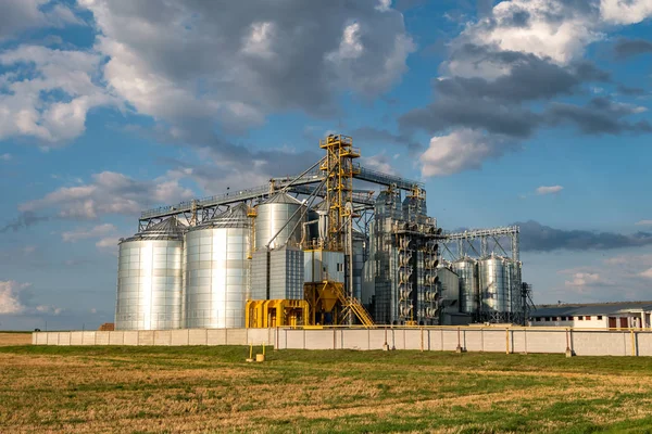 Silos de plata en la planta de fabricación agrícola para el procesamiento de secado limpieza y almacenamiento de productos agrícolas, harina, cereales y granos con hermosas nubes —  Fotos de Stock