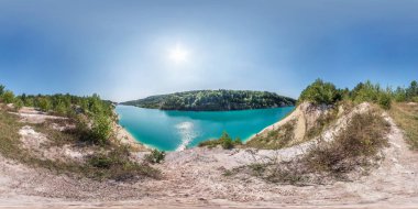 full seamless spherical hdri panorama 360 degrees angle view on chalkpit on limestone coast of huge turquoise lake in summer day in equirectangular projection with zenith and nadir, VR content clipart