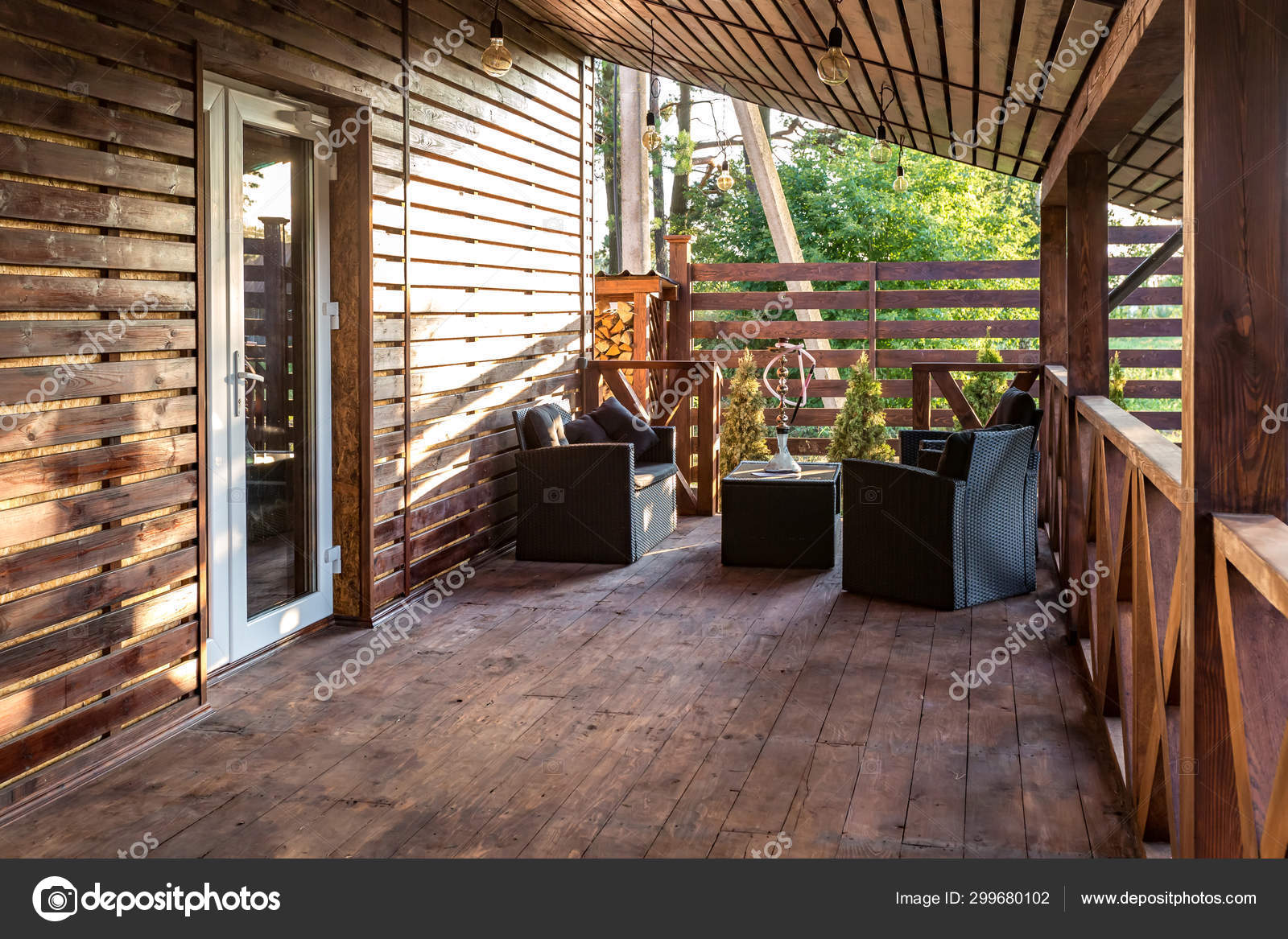 Interior Of Empty Hall Veranda In Wooden Village Vacation Home With Vintage Lamps And Chairs Stock Photo Image By C Hiv360 299680102