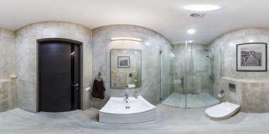 Minsk, Beyaz Rusya - Mayıs, 2018: zenith ve nadir ile equirectangular projeksiyon modern düz loft dairelerde banyo iç tam sorunsuz hdri panorama 360 derece açı görünümü. Vr Ar içeriği