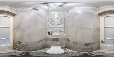 Minsk, Beyaz Rusya - Mayıs, 2018: zenith ve nadir ile equirectangular projeksiyon modern düz loft dairelerde banyo iç tam sorunsuz hdri panorama 360 derece açı görünümü. Vr Ar içeriği