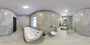 Minsk, Beyaz Rusya - Mayıs, 2018: zenith ve nadir ile equirectangular projeksiyon modern düz loft dairelerde banyo iç tam sorunsuz hdri panorama 360 derece açı görünümü. Vr Ar içeriği