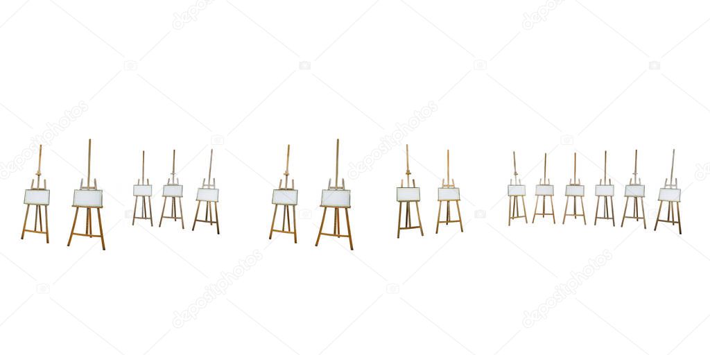 isolated empty easels on white background for organizing virtual exhibition in any panorama 360 degrees angle view in equirectangular projection. Painting mockup