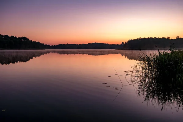 Panorama auf riesigem See oder Fluss am Morgen mit wunderschönem rosa Sonnenaufgang — Stockfoto