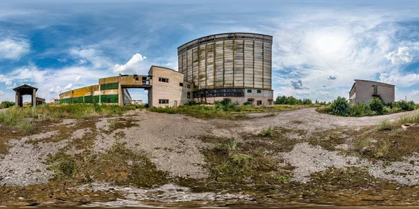Full seamless spherical hdri panorama 360 degrees angle view near abandoned ruined factory in equirectangular projection with zenith, VR AR virtual reality content. Building of agricultural elevator — Stock Photo, Image