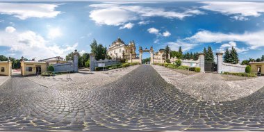 LVIV, UKRAINE - AUGUST 2019: Full spherical seamless hdri panorama 360 degrees near gate of old gothic uniate of St. George Cathedral in equirectangular projection, VR AR content with zenith and nadir clipart