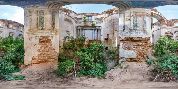 Full spherical seamless hdri panorama 360 degrees angle view inside of concrete structures of abandoned ruined building of church with bushes and trees inside in equirectangular projection, VR content — Stock Photo, Image