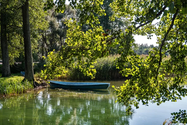 Viejo barco de madera en los arbustos de caña en la orilla del ancho río o — Foto de Stock