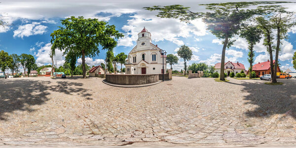 KNYSHIN, POLAND - MAY 2019: Full seamless spherical hdri panorama 360 degrees angle in old city with decorative medieval style architecture church in equirectangular spherical projection. vr content