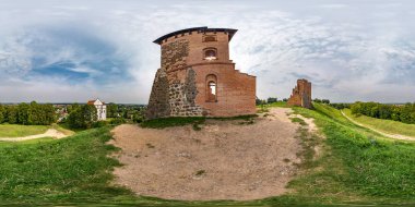 seamless spherical hdri panorama 360 degrees view on high slope near wall of ruined castle of Grand Duchy of Lithuaniain overlooking village from mountain equirectangular projection, for VR content clipart