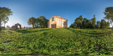Full seamless spherical hdri panorama 360 degrees angle near abandoned ruined medieval style architecture church in equirectangular spherical projection with zenith and nadir. vr content clipart