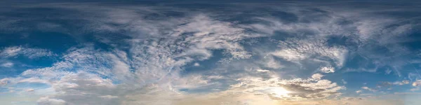 Seamless cloudy blue sky hdri panorama 360 degrees angle view with zenith and beautiful clouds for use in 3d graphics as sky dome or edit drone shot — Stock Photo, Image
