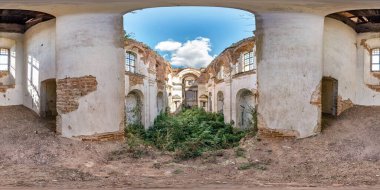 Full spherical seamless hdri panorama 360 degrees view inside of concrete structures of abandoned ruined building of church with bushes and trees inside without roof in equirectangular projection, clipart