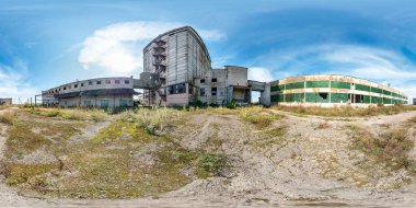 full seamless spherical hdri panorama 360 degrees angle view near abandoned ruined factory in equirectangular projection, VR AR virtual reality content. Building of agricultural elevator clipart