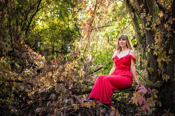 Belle elfe en robe rouge dans la forêt d'automne. forêt fantaisie conte de fées — Photo