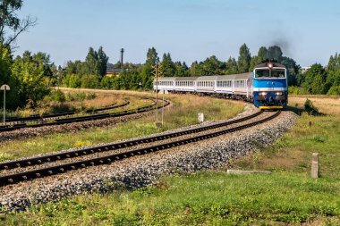 Yolcu treni güneşli bir günde tarlalar arasında yolculuk eder.