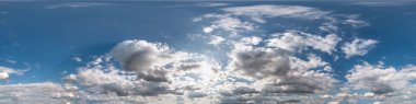Seamless cloudy blue sky hdri panorama 360 degrees angle view with zenith and beautiful clouds for use in 3d graphics as sky dome or edit drone shot clipart
