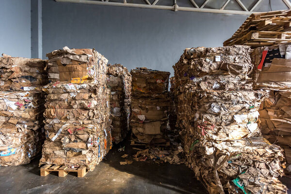Paper pressed bales at the modern waste hazardous processing plant. Separate garbage collection. Recycling and storage of waste for further disposal. Business for sorting and processing of waste.
