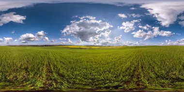 full seamless spherical hdri panorama 360 degrees angle view among fields in summer day with awesome blue clouds in equirectangular projection, ready for VR AR virtual reality clipart