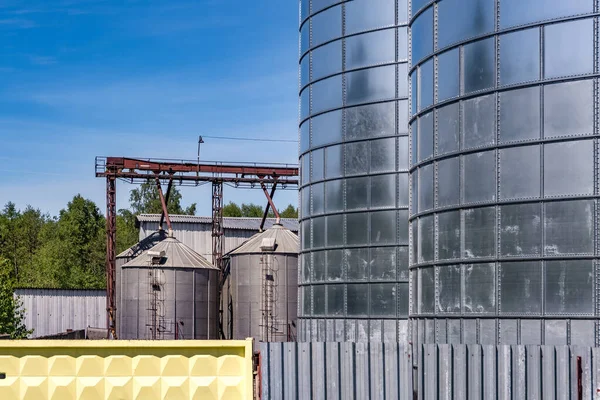 Impianto Agrotrasformazione Produzione Lavorazione Silos Argento Essiccazione Pulizia Stoccaggio Prodotti — Foto Stock