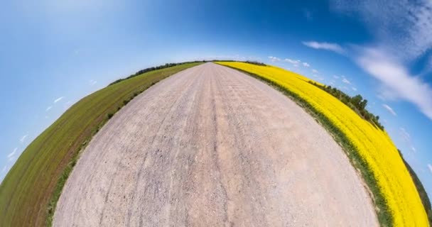 Petite planète Transformation avec courbure de l'espace. Rotation abstraite, torsion et rotation du panorama de survol complet entre les champs dans un ciel bleu clair avec de beaux nuages 