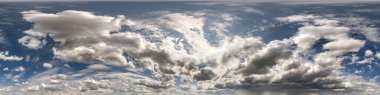 blue sky with beautiful dark clouds before storm. Seamless hdri panorama 360 degrees angle view with zenith for use in 3d graphics or game development as sky dome or edit drone shot clipart