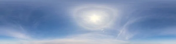 clear blue sky with halo sun. Seamless hdri panorama 360 degrees angle view with zenith for use in 3d graphics or game development as sky dome or edit drone shot