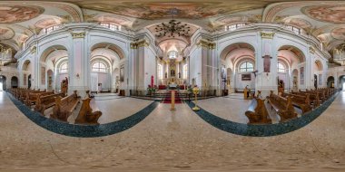 MINSK, BELARUS - MAY 2020: Full spherical seamless hdri panorama 360 degrees angle inside interior of old baroque catholic church of all saints in equirectangular projection, VR AR content clipart