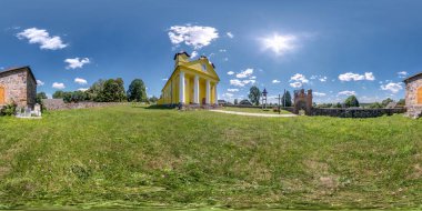 Full seamless spherical hdri panorama 360 degrees angle in small village with decorative medieval style architecture church in equirectangular spherical projection with zenith and nadir. vr content clipart