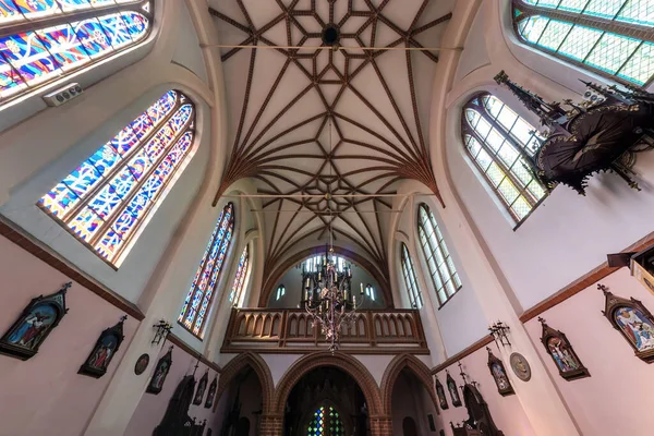 VILNIUS, Litvanya - AĞUSTOS 2019: iç kubbe ve eski bir gotik kilise tavanına bakıyor