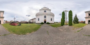 Full seamless spherical hdri panorama 360 degrees angle in small village with decorative medieval baroque style architecture church in equirectangular projection with zenith and nadir. vr content clipart