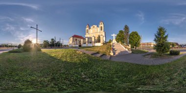 Full seamless spherical hdri panorama 360 degrees angle with decorative medieval style architecture baroque church with jesus monument in equirectangular projection with zenith and nadir. vr content clipart