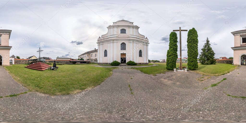Full seamless spherical hdri panorama 360 degrees angle in small village with decorative medieval baroque style architecture church in equirectangular projection with zenith and nadir. vr content