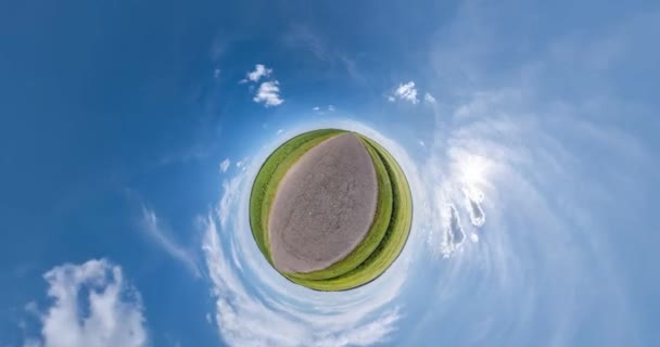 Revolves Fields Beautiful Clear Sky White Clouds Little Planet Transformation — Stock Video