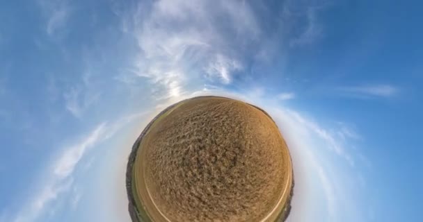 Обертається Серед Полів Красивим Чистим Небом Білими Хмарами Маленька Планета — стокове відео
