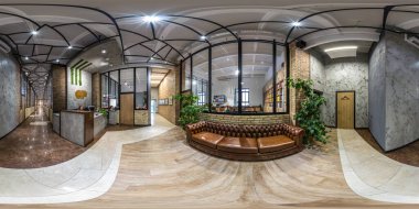 MINSK, BELARUS - HAZİRAN 2020: tam pürüzsüz küresel hdri panorama 360 derecelik açı görünümü modern bir ofiste, eş dikdörtgen projeksiyonda, VR içeriği