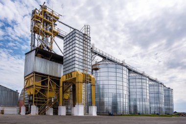 Modern Granary asansörü. Tarım işleme ve imalat tesisinde tarım ürünleri, un, tahıl ve tahıl işleme ve depolama için gümüş silolar. 
